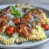 Plated Bruschetta Chicken Pasta garnished with fresh parsley and extra Parmesan, a perfect Italian-American weeknight dinner.