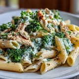 Creamy High Protein Rotisserie Chicken Broccoli Pasta with vibrant green broccoli and golden Parmesan garnish.