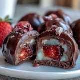 Dubai-Style Strawberry Truffles with Dark Chocolate Shell on a platter, garnished with crushed pistachios and rose petals, perfect for elegant dessert spreads.