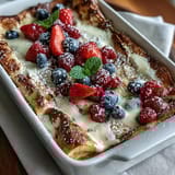 Fluffy pancake casserole baked with fresh berries, creamy custard, and a hint of vanilla—an easy, comforting dish for Mothers Day brunch.  