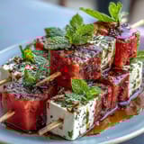 Refreshing watermelon feta mint skewers, perfect for summer parties or light appetizers, with vibrant colors and fresh herbs.  