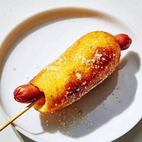 Golden, crispy corn dogs fresh from the fryer, perfect fair food treat on a wooden skewer.