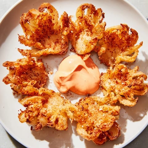 Golden-fried onion petals, a blooming appetizer, ready to be dipped into the zesty, spicy sauce.