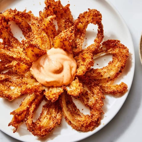 Crispy onion petals, offering a satisfying crunch, paired with a creamy, flavorful dipping sauce on the side.