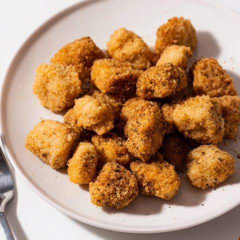 Golden, crispy popcorn chicken piled high with visible texture, perfect for sharing and snacking.