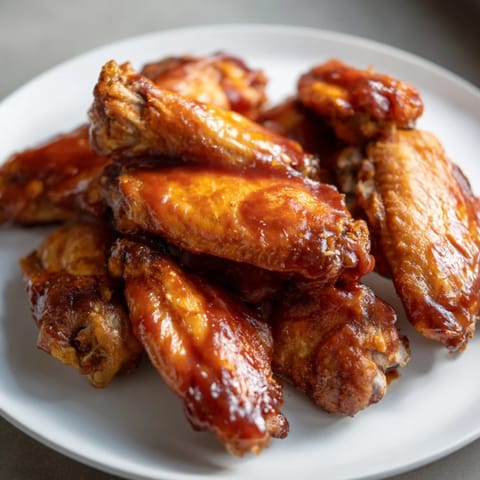 Close-up of sticky Honey BBQ Chicken Wings, perfectly sauced and presented on a plate.