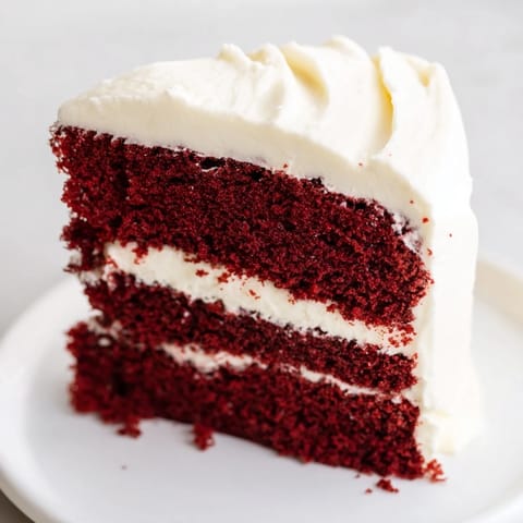 A slice of classic red velvet cake, showcasing the moist layers with creamy frosting.