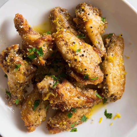 Golden-brown, crispy Lemon Pepper Wings await, tossed in zesty lemon butter served on a platter.