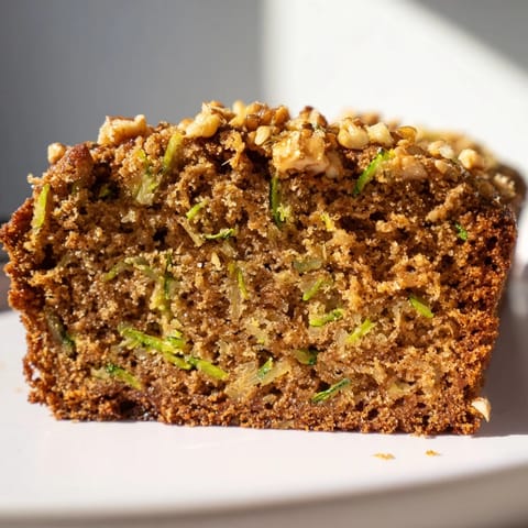 Golden-brown zucchini bread loaf, showcasing a tender crumb texture and scattered nutty pieces.