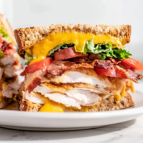 Stacked turkey club grilled cheese with melted cheese, bacon, and fresh veggies on buttery sourdough.