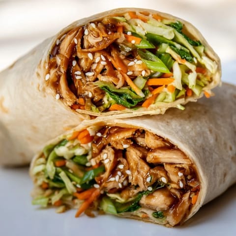 A close-up of a teriyaki chicken wrap garnished with sesame seeds and cilantro on a wooden board.  