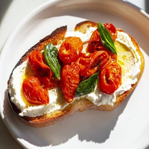 Golden-brown sourdough toast spread with creamy whipped ricotta and topped with juicy, slow-roasted cherry tomatoes and fresh basil.