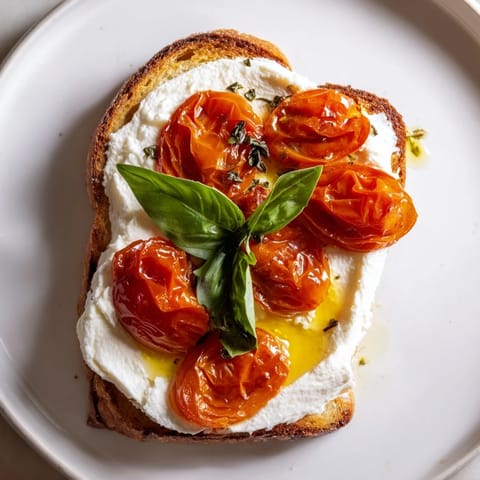 A vibrant Mediterranean-inspired Tomato Ricotta Toast, ready to serve with a drizzle of olive oil and flaky sea salt.