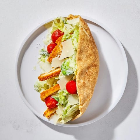 A close-up of crispy herbed chicken Caesar pitas, showing crunchy chicken strips, creamy dressing, and crisp romaine in a fluffy pita.