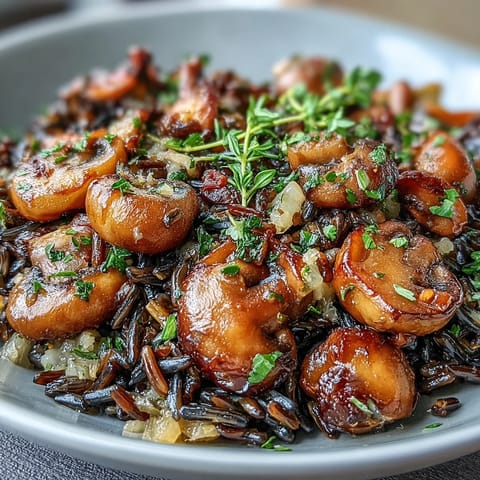 This hearty Wild Rice and Mushroom Pilaf showcases golden sautéed mushrooms, tender wild rice, and finely diced carrots, ready to serve as a gluten-free side dish.  