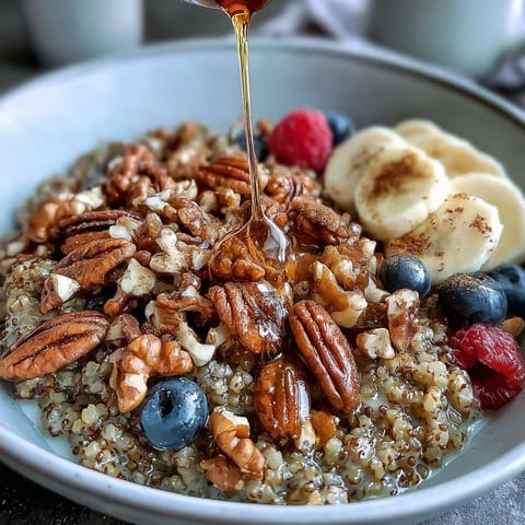 Warm buckwheat groats breakfast bowl topped with crunchy nuts and fresh berries.