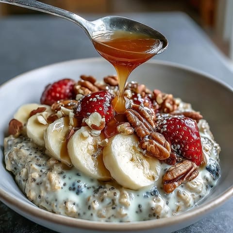 Creamy overnight oats with chia seeds, a healthy breakfast perfect for busy mornings.