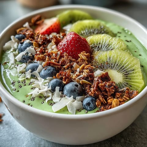 Vibrant green smoothie bowl creation, topped with crunchy granola and fresh berries.