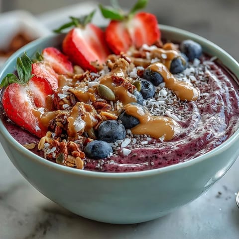Vibrant acai berry smoothie bowl packed with fresh fruit and crunchy granola.