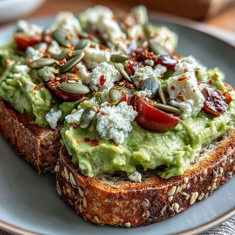 Creamy mashed avocado on crispy whole grain toast, topped with fresh tomato slices and pumpkin seeds.