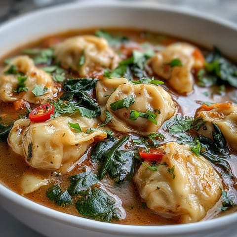 Red Curry Wonton Soup With Greens served hot in a rustic bowl, garnished with fresh cilantro, lime wedges, and green onions. 