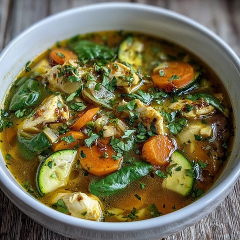 Vibrant Turmeric Chicken Soup with diced chicken, carrots, and wilted spinach in a creamy, golden broth, served with a crusty bread side.  