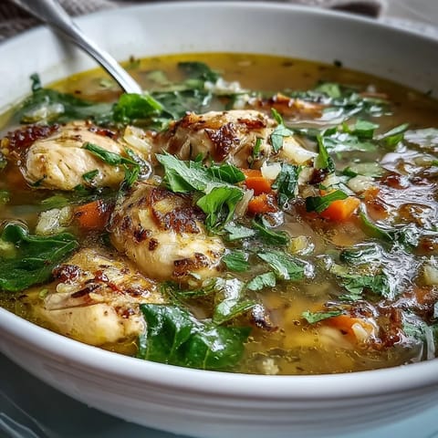 A close-up spoon dipping into High Protein Lemon and Turmeric Chicken Soup, revealing a vibrant golden broth with carrots and celery.