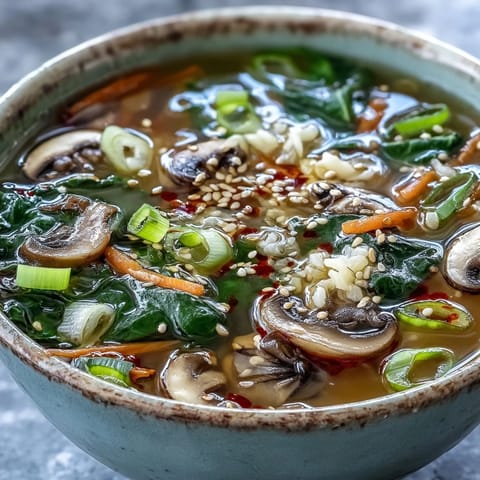 Steaming Miso Ginger Winter Soup in a rustic bowl, garnished with fresh green onions, toasted sesame seeds, and chili oil.