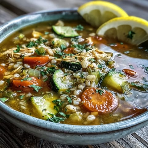 Close-up of tender chicken pieces and pearl barley in Soothing Turmeric Chicken With Pearl Barley, served with lemon wedge.