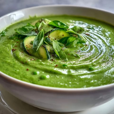 A vibrant green bowl of Courgette, Pea and Pesto Soup, paired with a slice of crusty bread.