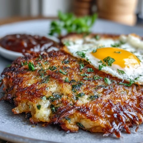 Golden-brown celeriac rösti topped with spicy harissa yogurt and a fried egg, served with lemon wedges for a vibrant brunch.