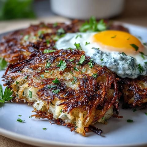 Crisp celeriac rösti with a dollop of red harissa yogurt and a runny fried egg, garnished with fresh parsley.