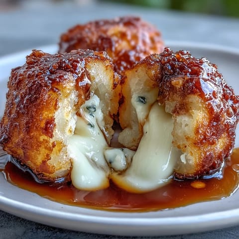 Golden-brown pan-fried Chīzu Imomochi dumplings are drizzled with sticky soy-honey glaze and served warm on a plate.