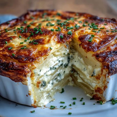 Sliced wedges of creamy Cheese and Potato Pie served warm on a rustic table.
