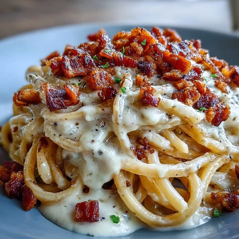 Freshly spiralised celeriac noodles tossed in a creamy egg and Parmesan sauce, topped with crispy pancetta and black pepper for an Italian-inspired low carb dinner.