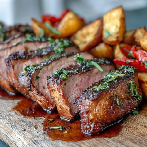 Sliced marinated Ibérico pork fillet, golden potatoes, and roasted red peppers are plated together, finished with pan juices for a Spanish-inspired meal.
