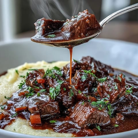 Fork-tender venison in Venison Stew with Sloe Gin, simmered with aromatics and served alongside warm, buttery polenta.