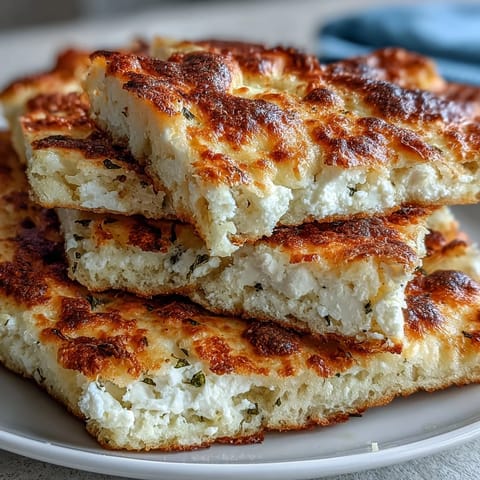 Golden-brown Fluffy Cottage Cheese Flatbread bubbling in a skillet, surrounded by fresh herbs, ready for wraps or dipping.