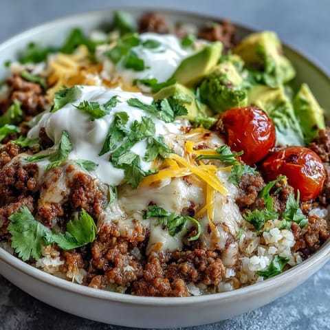 Diced avocado and juicy tomatoes top crisp romaine in a Low Carb Burrito Bowl served with a dollop of sour cream.