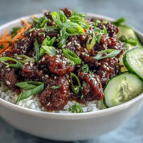 Freshly cooked spicy Easy Korean Beef Bowl with ground beef glazed in gochujang sauce, topped with crisp cucumber, carrots, and sesame seeds, served over steamed rice.