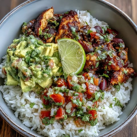 Sheet pan chicken tinga bowl with smoky chipotle chicken, roasted peppers, and zesty avocado salsa over fluffy rice.  