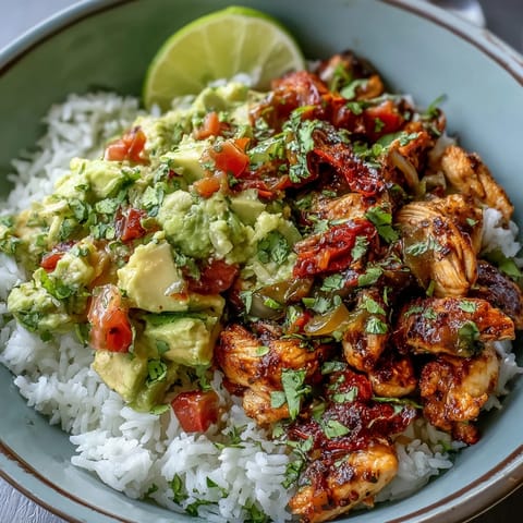 Vibrant chicken tinga bowl featuring tender chipotle-spiced chicken thighs, colorful bell peppers, and fresh lime-avocado salsa.  