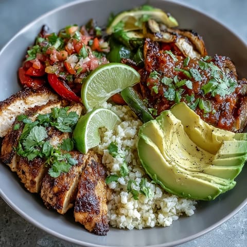 Sheet Pan Fajita Bowl with juicy chicken, colorful bell peppers, and onions roasted to perfection, served over fluffy rice with fresh toppings.  