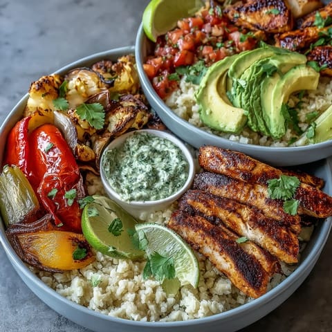 Vibrant Sheet Pan Fajita Bowl featuring tender chicken, smoky fajita veggies, and zesty seasoning, served with cauliflower rice for a healthy twist.  