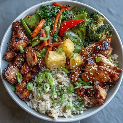A vibrant teriyaki chicken and rice bowl with tender chicken, steamed rice, and colorful stir-fried vegetables topped with fresh pineapple.