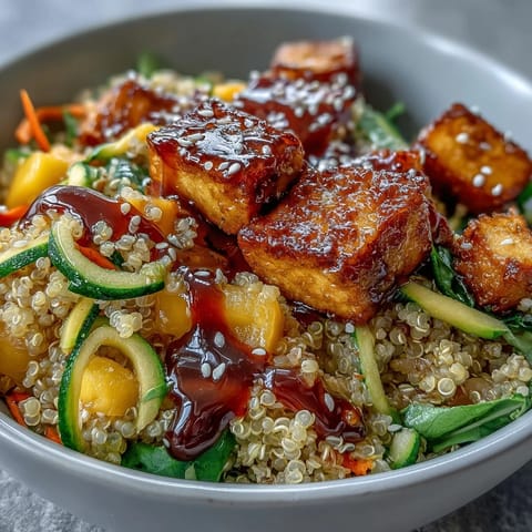 Colorful Easy Teriyaki Quinoa Bowl featuring tender quinoa, baked tofu, and fresh mango, topped with zesty teriyaki glaze.  