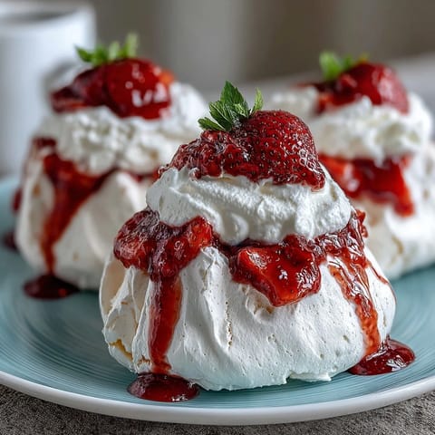 Strawberry Pavlova with Whipped Cream: Crisp meringue base topped with fluffy whipped cream and juicy fresh strawberries.