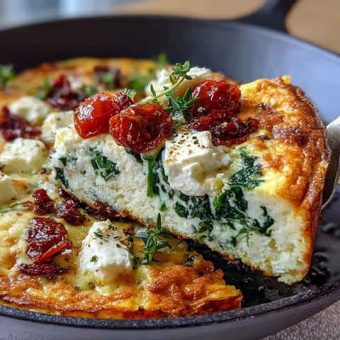Fluffy spinach and feta frittata with sun-dried tomatoes, baked until golden and fragrant, perfect for a hearty brunch.  