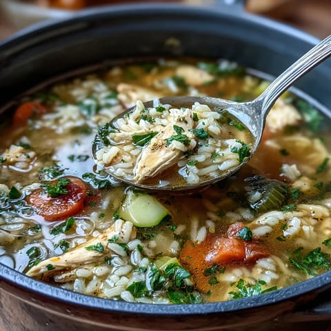 Bowl of easy chicken and rice soup with tender chicken, carrots, and celery in a savory broth.