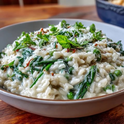 Savory risotto with fresh green peas, mint, and Parmesan, served in a shallow bowl with lemon zest.  